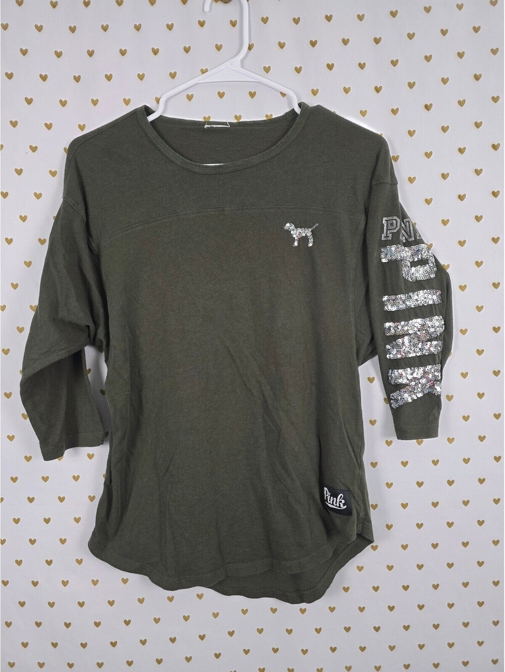 Victorias Secret PINK Green Bling Quarter Sleeve Sequined Tee shirt Small